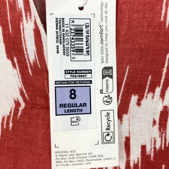 M&S Womens Linen Rich Printed V-Neck Tunic Dress 3/4 Sleeves Sienna Red Size 8 - Picture 5 of 15